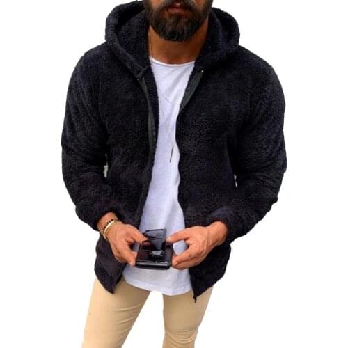 Men Autumn Winter Solid Color Long Sleeve Zipper Plush Hoodie Warm Jacket Coat