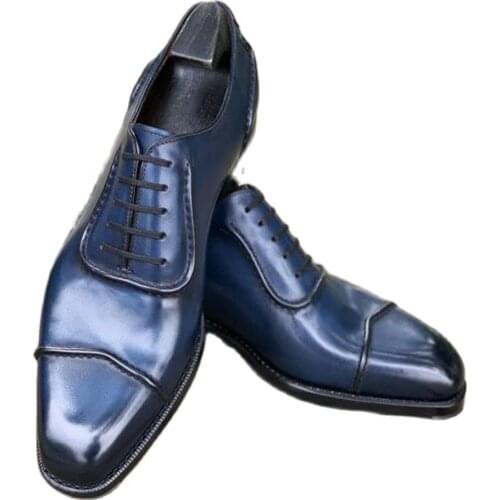 Sipriks Top Quality Plain Toe Oxfords Mens Cap-Toe Calf Leather Patina Dress Shoes Italian Custom Sewing Welted Shoes Church