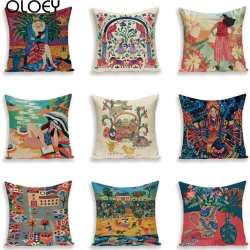 Oil Painting Pillowcase, Square Linen Soft Pillowcase, Bedroom Pillowcase, Family Hotel Car Decorative Pillowcase, Size 45x45cm