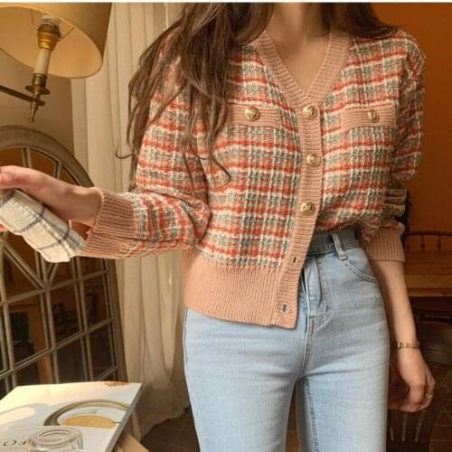 NCLAGEN 2020 Autumn Vintage Plaid V Neck Short Cardigans Knitted Girl Chic Outwear Korean Street Fashion Sweater Cardigan Top