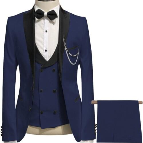 New Arrival Men Suits Navy Blue and Black Groom Tuxedos Peak Lapel Groomsmen 3 Pieces Set ( Jacket+Pants+Vest+Bow Tie ) D335