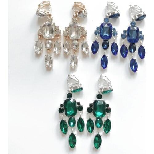 New Design Party Glass Stone Blue Green White Wedding Clip Earring Jewelry