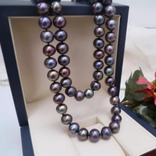 Charming 9-10mm natural tahitian black pearl necklace 22 inch