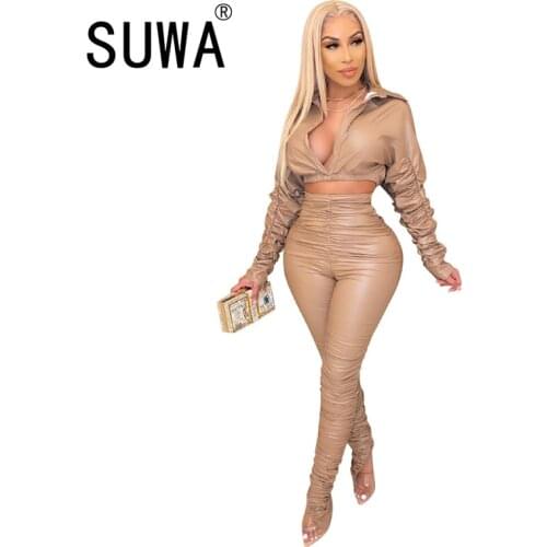 Solid Color Sexy Club And Party Women Sets Clothes Zipper Long Sleeve Short Jacket And Pencil Pants Office Wear