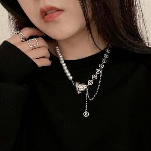 Origin Summer Punk Silver Color Printing Love Heart Chokers Necklaces for Women Asymmetry Beaded Faux Pearls Chains Necklace