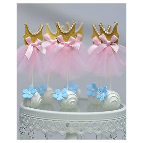 Pink Princess Shawl Cake Topper Ballet Dancing Girl Dress Shape Cupcake Topper Glitter Silver / Golder Brithday Decor 20pcs/lot