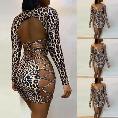 Sexy Women Bandage Bodycon Casual Long Sleeve Bandage Leopard Printed Evening Party Club Mini Sexy Dress