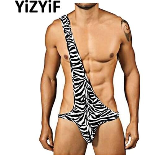 Mens Thong Mankini Bodysuit Lingerie Stretchy Zebra Striped Mankini Bodysuit Underwear one-shoulder sexy panties men underwear