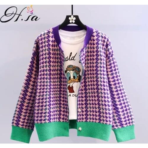 Retro Contrast Color Knitted Cardigan Short Small Gentle Houndstooth Sweater Coat Spring And Autumn Women 'S Top Hong Kong Style