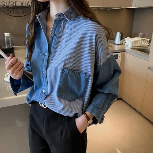 2021 Fashion Denim Shirts Women Fall Polo Collar Blue Denim Blouse Long Sleeve Women Blusas Loose Single Breasted Tops 7256