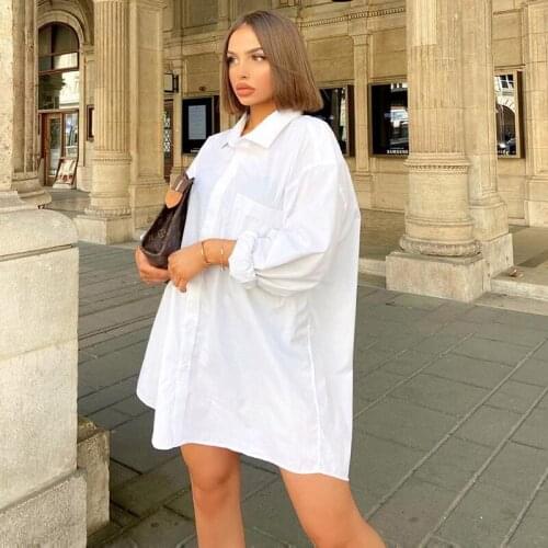 Girls elegant clothes women white color solid shirts long tops for office ladies loose one size single breasted with pockets