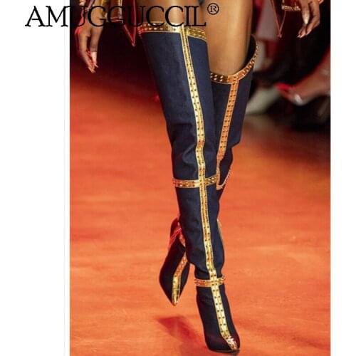 Customize 2021 Plus Big Size 36-47 Blue Rivet Zip Fashion Sexy Thigh High Heel Over The Knee Autumn Winter Lady Women Boot X2015