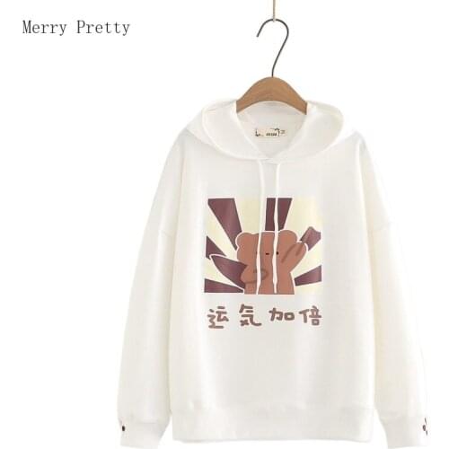 Women Hooded Sweatshirts 2021 Summer Drawstring Long Sleeve Cotton Hoodies Sweet Style Female Cartoon Bear Print Kawaii Cute Top