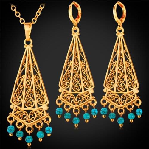 Vintage Turkish Jewelry Earing And Pendant Necklace Sets Women Long Drop Earrings Yellow Gold Color Party Jewelry Set PE1157