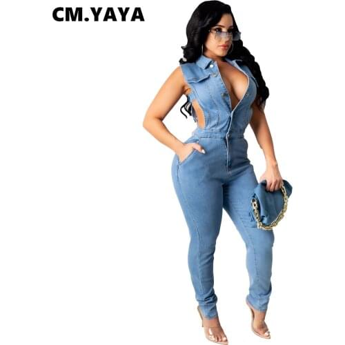 CM.YAYA Women Denim Jumpsuit Hollow Out Sleeveless Turn-down Collar Single Breasted Stretchy Jumpsuits Fashion Outfit Summer