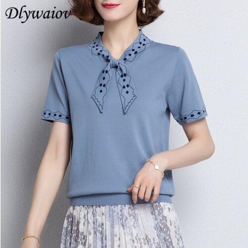 Pullover Women Short sleeve Knitted T shirt 2021Bow-neck T-shirt womens top Tshirts summer Female clothes casual spring fashion