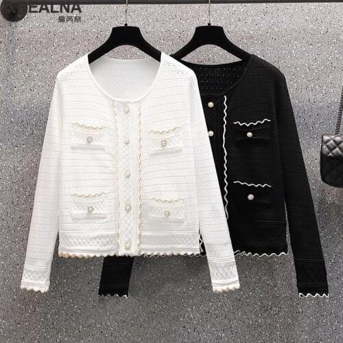 Women Sweaters Autumn 2021 korean fashion Small fragrant wind cardigan women white black Hollow plus size Pull Knitwear L- 4xl
