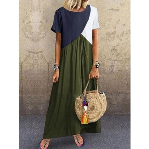 Women Geometric Stitching Patchwork Contrast Dress Commute Short-Sleeve Dresses Large Size Casual Long Beach Dress Ropa Mujer