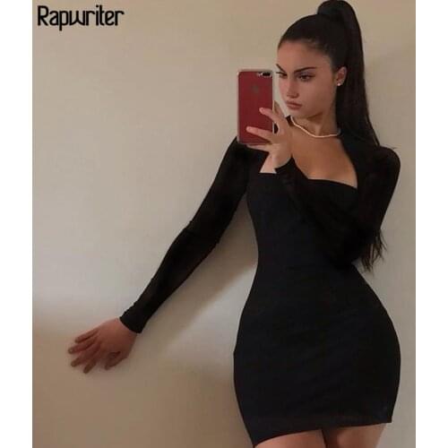 Rapwriter Vintage Square Collar Long Sleeve Black Dress Women 2020 High Waist Bodycon Basic Short Sexy Dress Woman Party Night