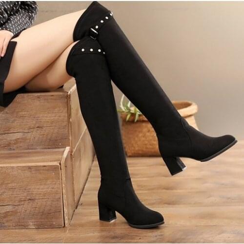2019 Hot Square Toe Shoes Woman Micro Suede Thigh High Boots for Women Mid Heel Comfy Slouch Stretch Over the Knee Boots Black