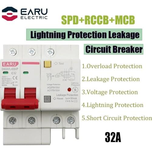 32A 2P SPD Residual Current Circuit Breaker With Overload Overvoltage RCBO RCCB With Lightning Protection MCB Leakage Protector