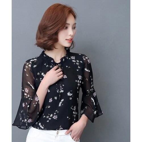 Flare Sleeve Chiffon Blouse Women Blouses Summer Bow Knot Short Fashion Korean Clothes Floral Print Top Blusa Feminino
