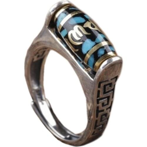 BOCAI New pure s925 silver dzi beads, six-character mantra good luck rotating inlaid with natural turquoise Man and Woman ring