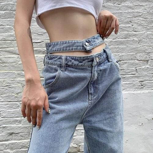 Sexy Hollow Out Double Waistband Straight Jeans Women Spring Fashion High Waist Wide Leg Jeans Female Casual Loose Denim Pants