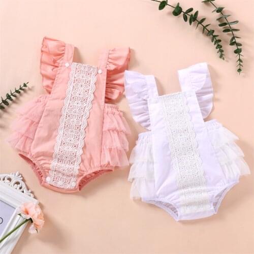 FOCUSNORM 0-12M Newborn Baby Girls Cute Rompers 2 Colors Ruffles Short Sleeve Lace Flowers Backless Jumpsuits