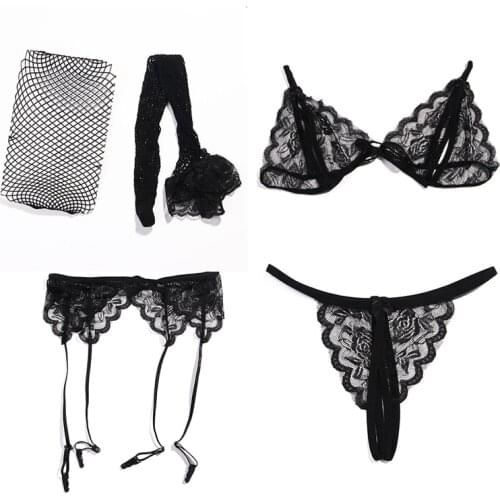 4pcs Sexy Lingerie Set Women Temptation Erotic Underwear Set Bra & G-String & Net Socks & Sling Lace Push Up Transparent Bra Set