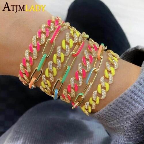 Hiphop iced out bling cz cuban chains rose gold color white cz pink enamel cuban choker neckace bracelet for women jewelry set