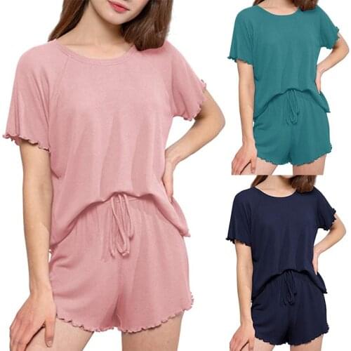 2021 European and American summer new womens pure color short-sleeved girl home service suit
