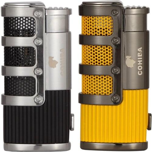 COHIBA Metal Cigar Lighter Refillable Butane Gas Windproof 3 Blue Jet Flame Lighter Cigar Punch Cutter Gadgets Smoker Tool