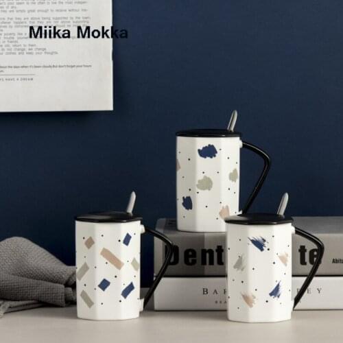 Nordic Style Polygon Ceramic Mug with Lid and Spoon Creative Coffee Mug Milk Cup Coffee Cup Home Office Water Cup Drinkware