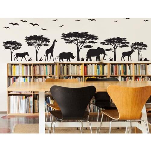 Cartoon Safari Giraffe Elephant Deer Bird Tree Wall Sticker Playroom Kids Room Zoo Africa Jungle Forest Animal Wild Wall Decal