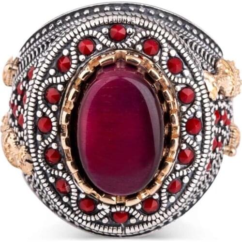 Silver Claret Red Agate Gemstone Ring Vintage Ornate Men Jewelry Handcarved Men Accessories