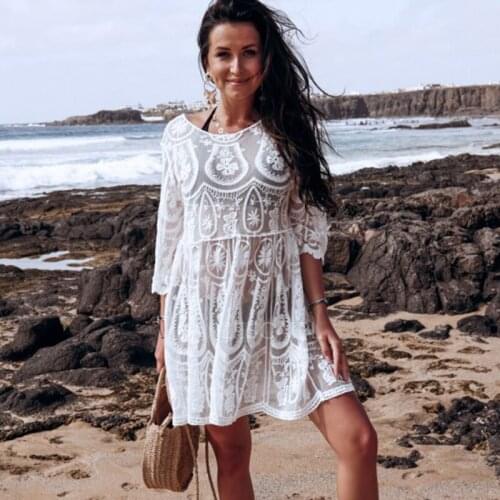 New Sexy Women Lace Crochet Bathing Suit Bikini Swimwear Cover Up White Summer Beach Wear Dress Kimono Ladies Beachwear Tunic