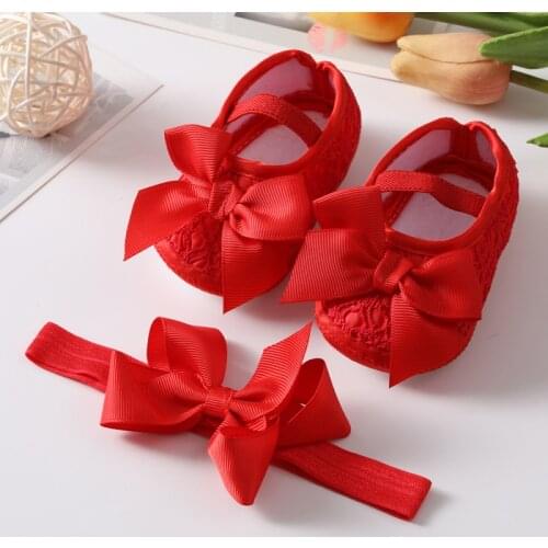 Girls Shoes Newborn Toddlers First Walkers Baby Bowknot Princess Shoes Soft Sole Non-slip Footwear Infant Crib Shoes+Hairband