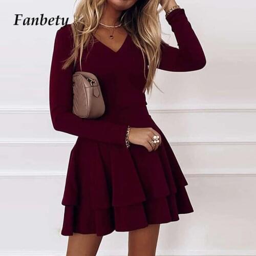 Women Elegant Solid Color Ruffle Party Dress Autumn Vintage Long Sleeve Mini Dresses Office Lady 2XL Casual A-Line Dress Vestido