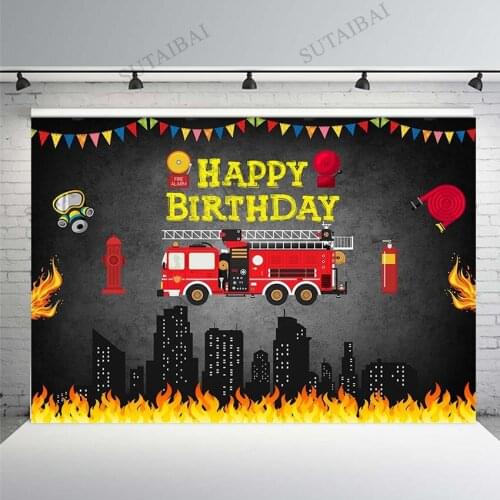 Child Happy Birthday Photo Backdrop Super City Firetruck Fire Fighting Photography Backdgrounds Vinyl Photoshoot Studio Banner