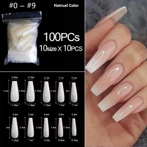 RIKONKA 100pcs/Bag Clear White Coffin Fake Nails Natural Ballerina False Nails Arylic Full Cover Nails for Extension&Protection