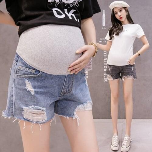 Ripped Denim Shorts for Pregnancy Women Summer Maternity Shorts Blue Pregnant Loose Short Pants Korea Style Belly Elastic Jeans