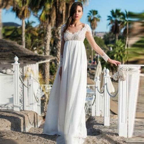 Empire Long Sleeve Chiffon Wedding Dress Backless Sexy Maternity Plus Size Lace Appliqued Wedding Dresses For Pregant Women