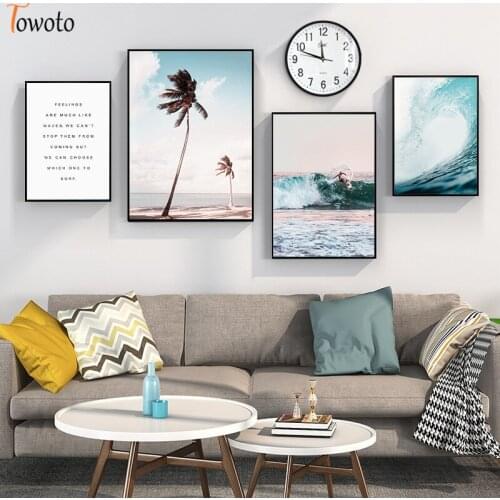 Nordic Landscape Blue Ocean Wave Surfing Wall Art Canvas Painting Palm Beach Art Poster Print Wall Picture for Living Room