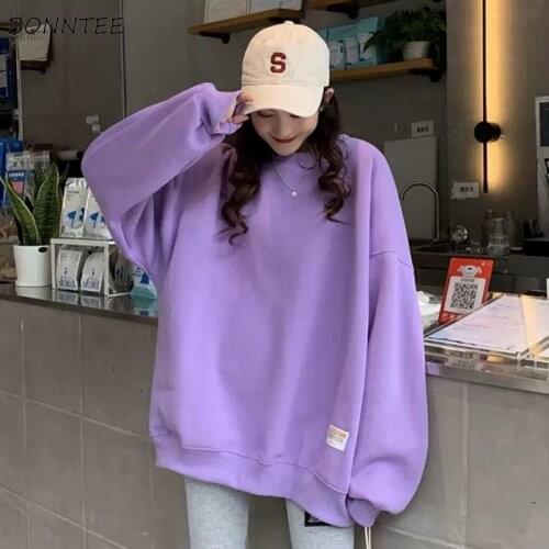 Hoodies Womens Solid Winter Loose Pullovers Thicken Plus Velvet Simple Casual All-match Korean Style Trendy Students Sweatshirts
