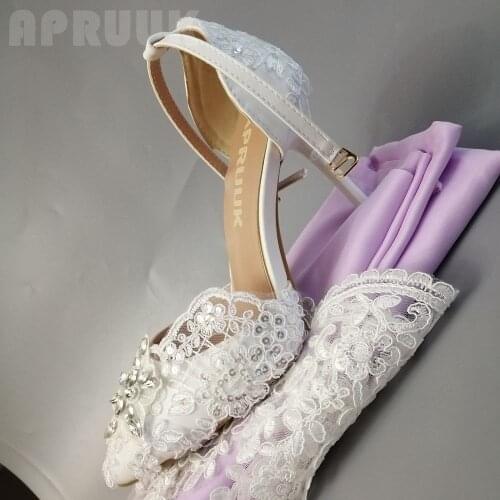 White lace summer wedding shoes bride ankle buckle straps CRYSTL point toes 10CM HIGH HEELS bridal pumps shoes ladies party pump