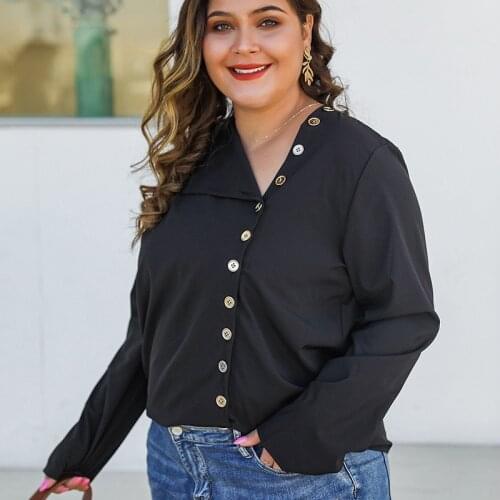 DOIB Women Black Blouse Plus Size V Neck Full Sleeve Single Button Large Size Blouse 2020 Autumn Elegent Blouse Shirt 4XL