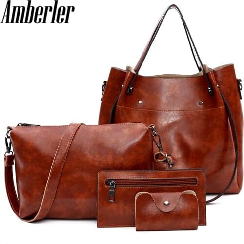 Amberler Women PU Leather Handbags 4 Pieces Set Bag Famous Brand Large Capacity Ladies Shoulder Crossbody Bags For Women Tote