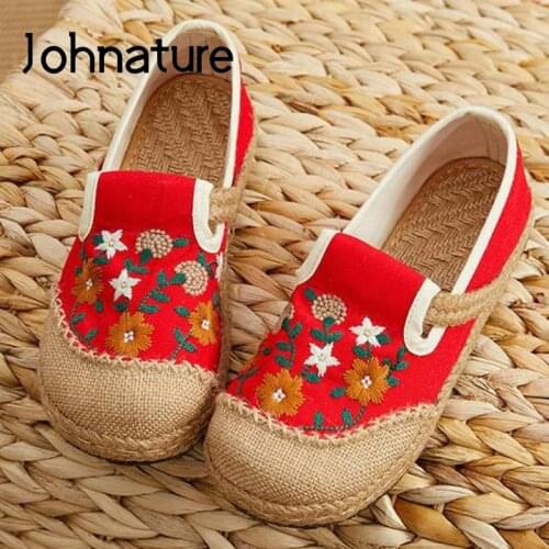 Johnature Embroider Flats Women Shoes Round Toe Floral Cotton Linen Casual 2021 New National Style Handmade Concise Ladies Shoes