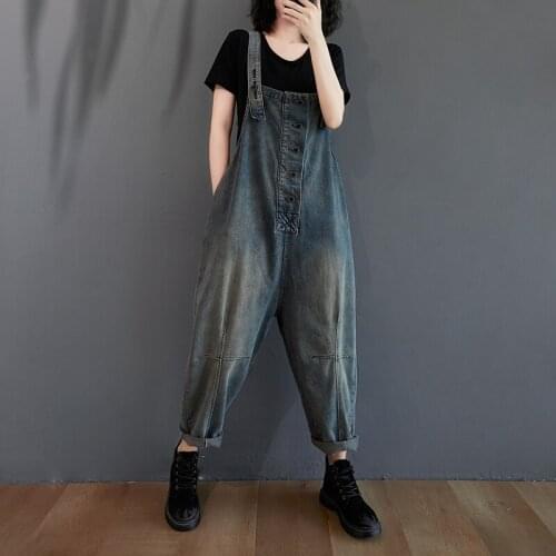 #1592 Adjustable Spaghetti Strap Denim Jumpsuit Women Loose Vintage Jeans Jumpsuit Ankle-length Single Breasted Overalls Women